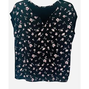 PAPERMOON CAP SLV PULL-OVER V-NECK  BLOUSE, XL, BLACK-PINK BLUE WHITE FLORAL